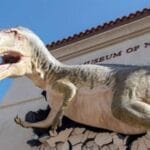 A dinosaur sculpture appears to burst through the exterior wall of a natural history museum.