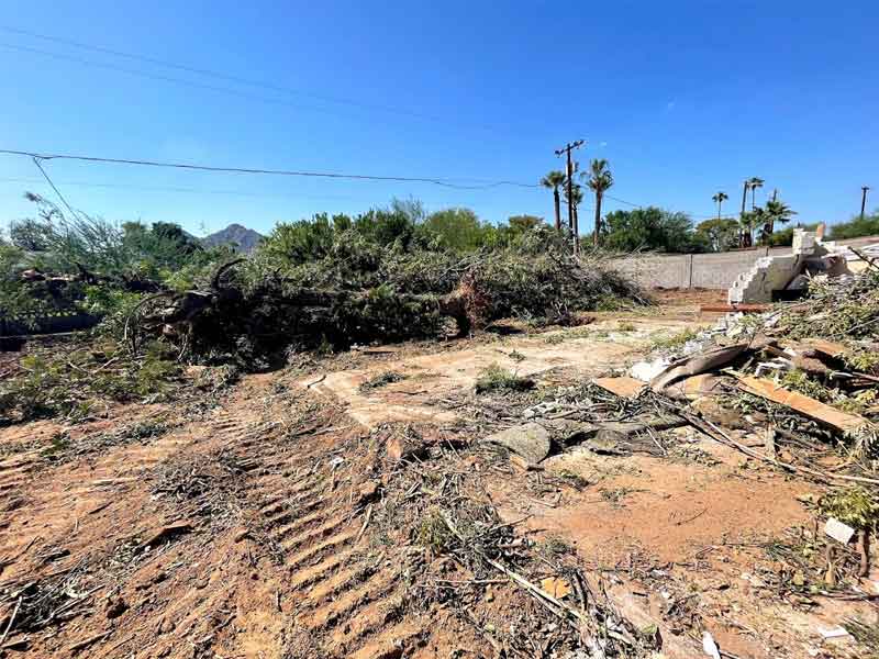 Cleared plot of land with scattered debris, tire tracks, and piles of brush under a clear blue sky.