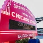 Sign at Sloan Park, home of the Chicago Cubs spring training, with text "2016 World Series Champions.