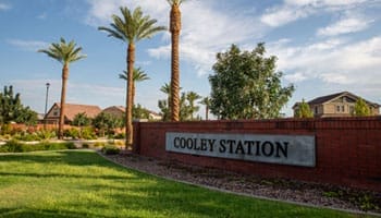 A landscaped entrance with palm trees and a red brick wall displays the sign "Cooley Station" in a suburban neighborhood.