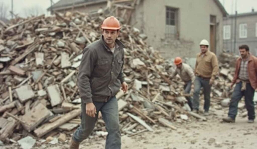 Workers in hard hats walk through debris and rubble near a damaged building.