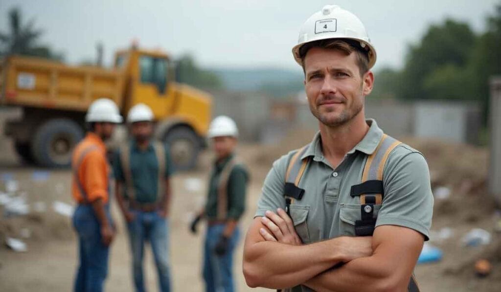 A construction site with a person in a hard hat and safety gear in the foreground. Three other workers in hard hats converse in the background near a yellow truck.