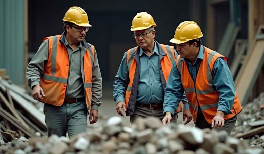 Three construction workers wearing orange safety vests and yellow helmets examine a pile of rubble indoors.