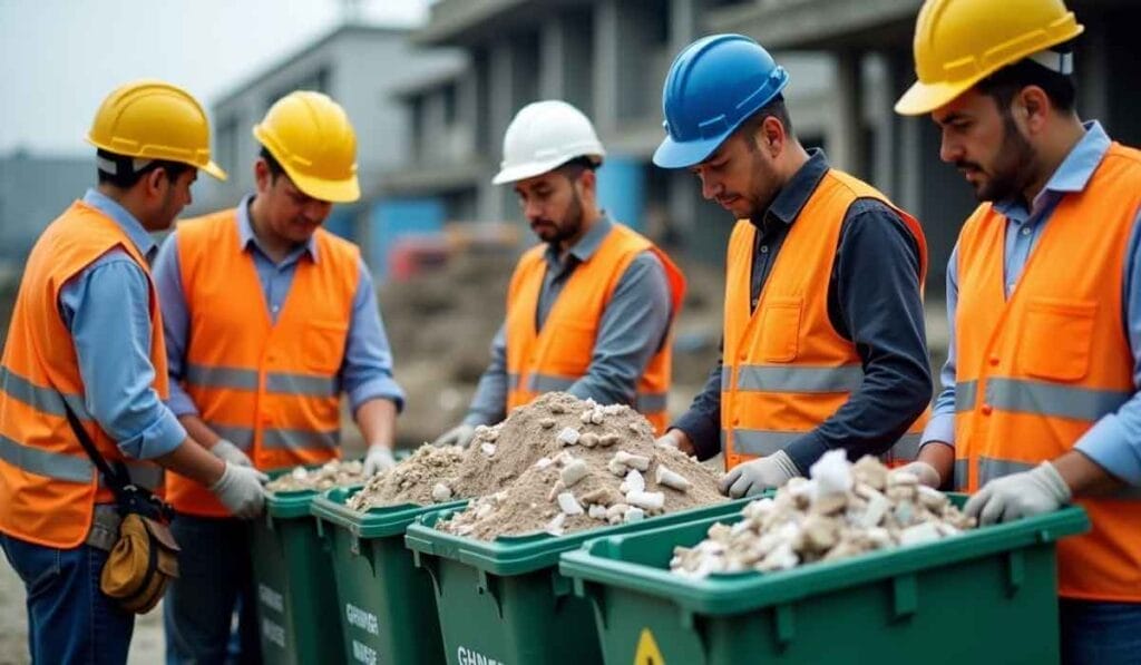 Workers in hard hats and safety vests sort rubble into green recycling bins at a construction site.