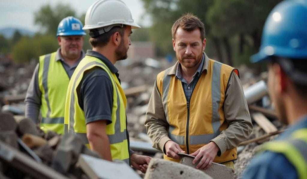 Four construction workers in hard hats and reflective vests stand amid debris, engaged in conversation. Trees and scattered building materials are visible in the background.