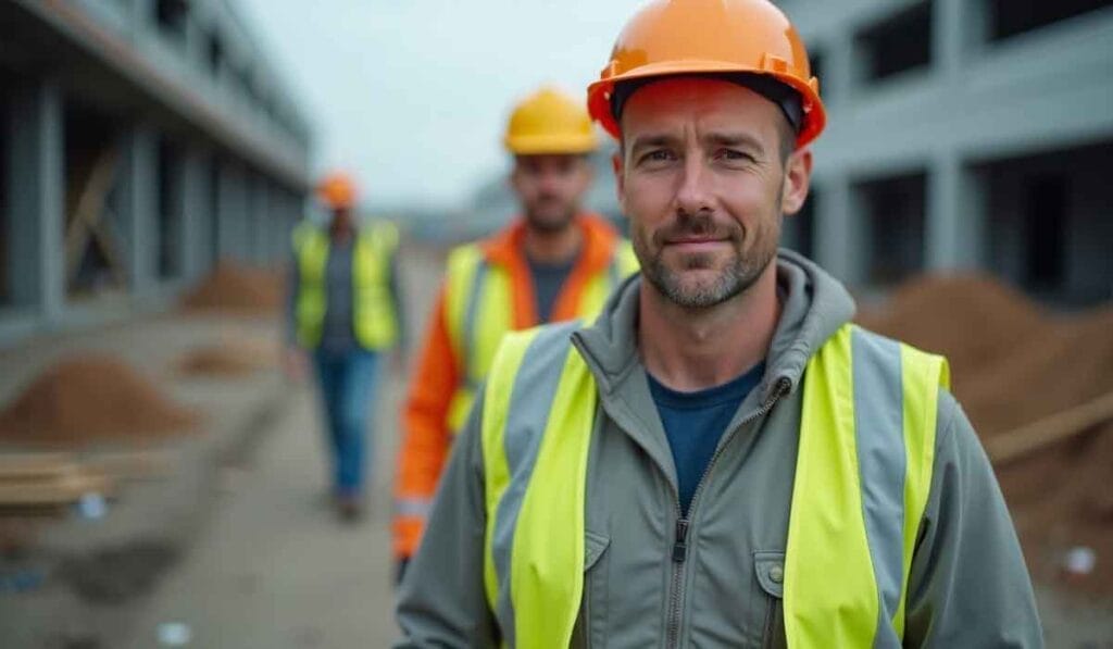 A construction worker in a safety vest and helmet stands in focus, while two other workers are blurred in the background on a building site.
