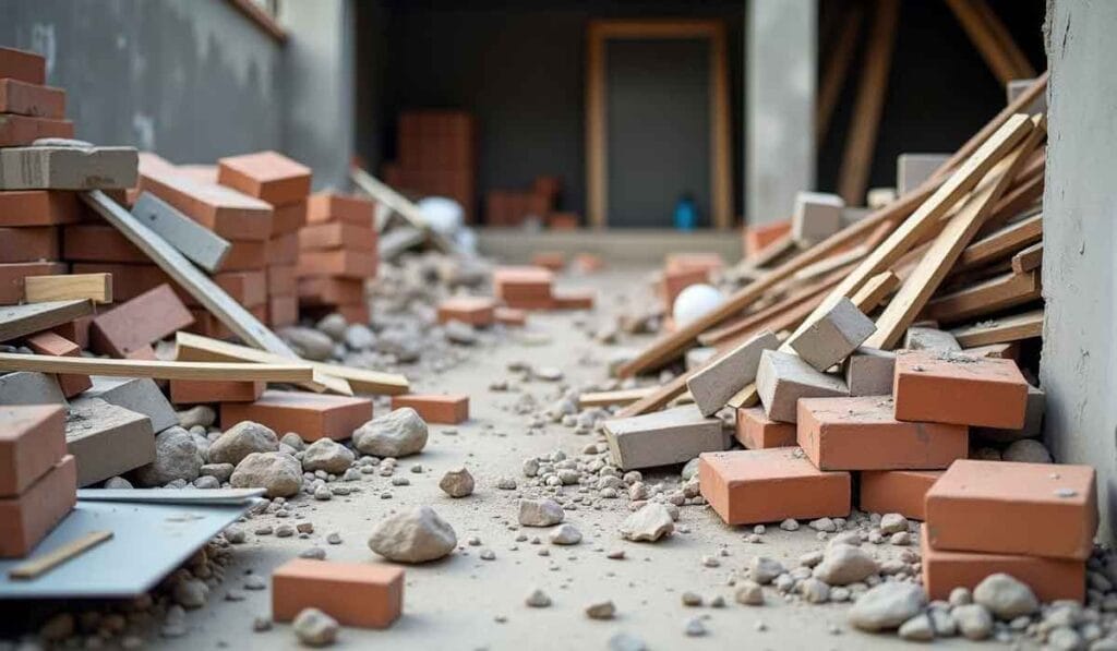 Construction site with scattered bricks, wooden planks, and rocks on the ground, surrounded by unfinished walls.