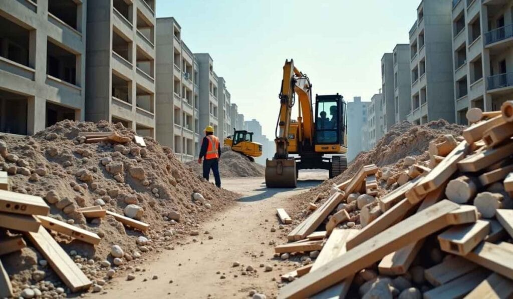 A construction site with unfinished buildings, a yellow excavator, and a worker in a safety vest and helmet. Piles of debris and construction materials are visible around the scene.