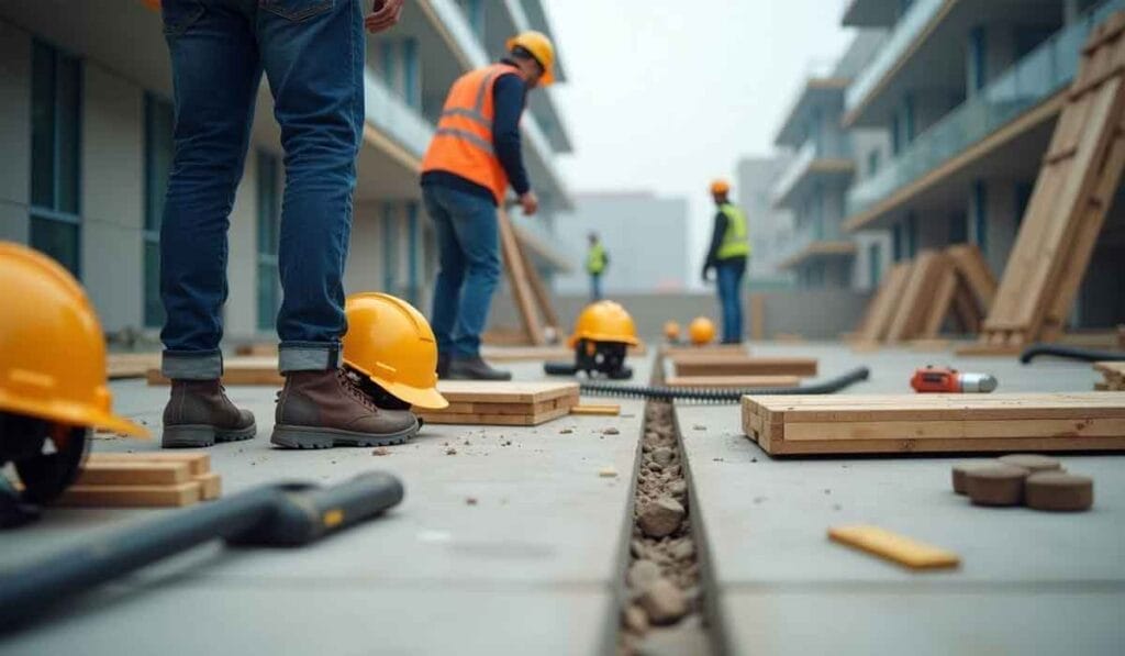 Construction workers in safety gear at a job site next to a trench, with wooden planks, helmets, tools, and a building in the background.
