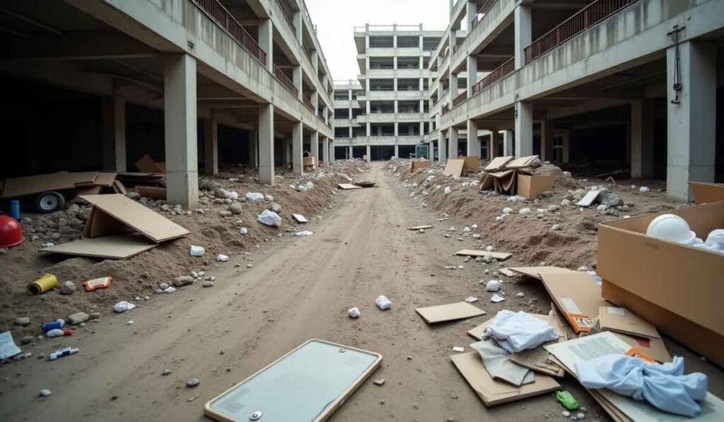 An abandoned, unfinished building with scattered debris, cardboard, and trash strewn across an unpaved corridor under cloudy skies.