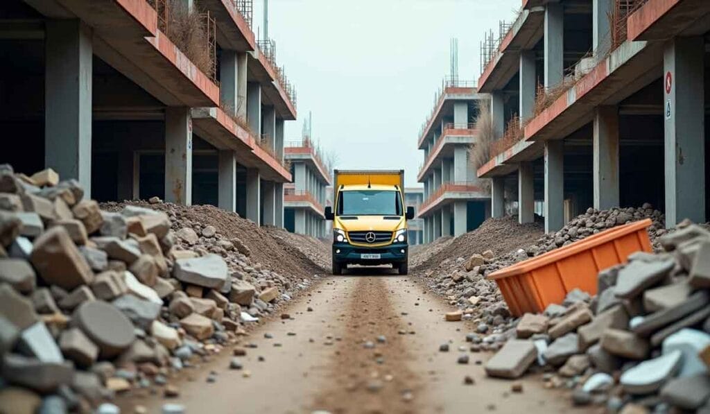 Yellow delivery truck driving through a construction site with rubble and unfinished buildings on both sides.