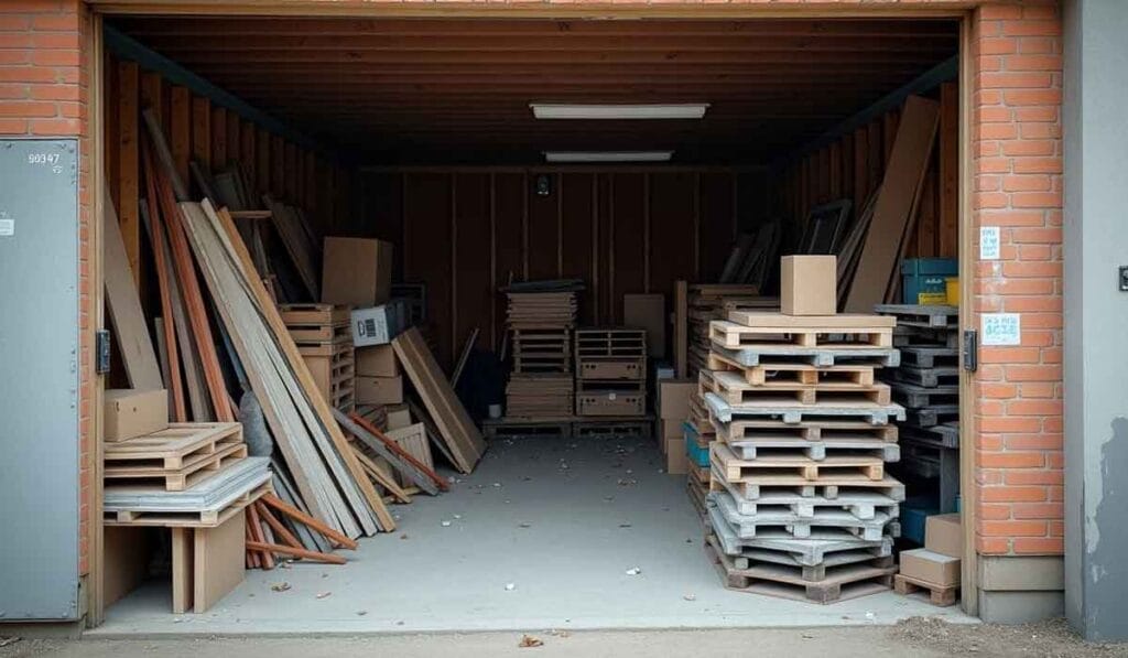 Open garage packed with wooden planks, pallets, and cardboard boxes. The space is cluttered and has items stacked on the sides and at the back.