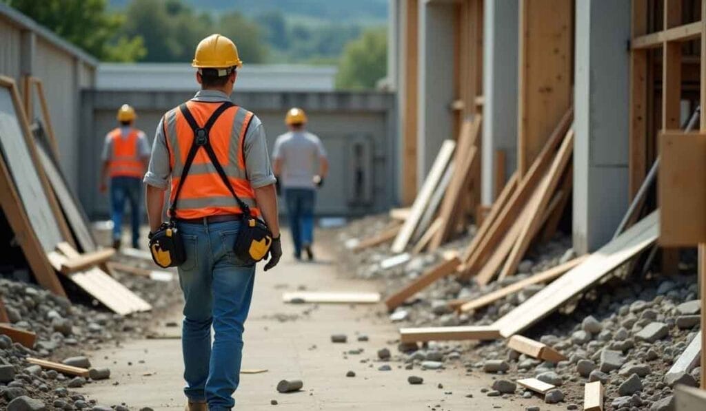 Construction workers wearing safety gear walk through a building site scattered with debris and wooden planks.
