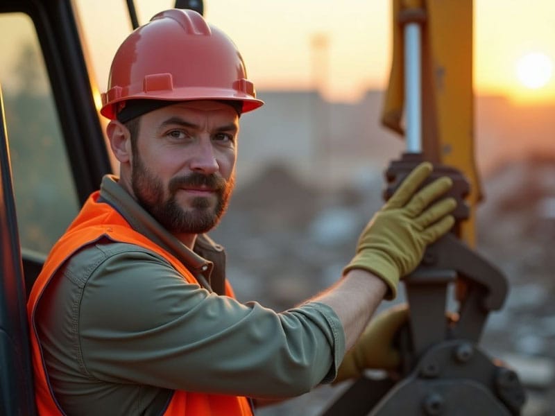 A construction worker in an orange vest and hard hat operates machinery at a construction site during sunset.