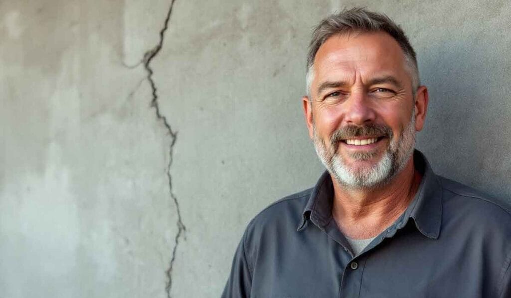 A man with gray hair and a beard smiles while standing against a cracked concrete wall. He is wearing a gray shirt.