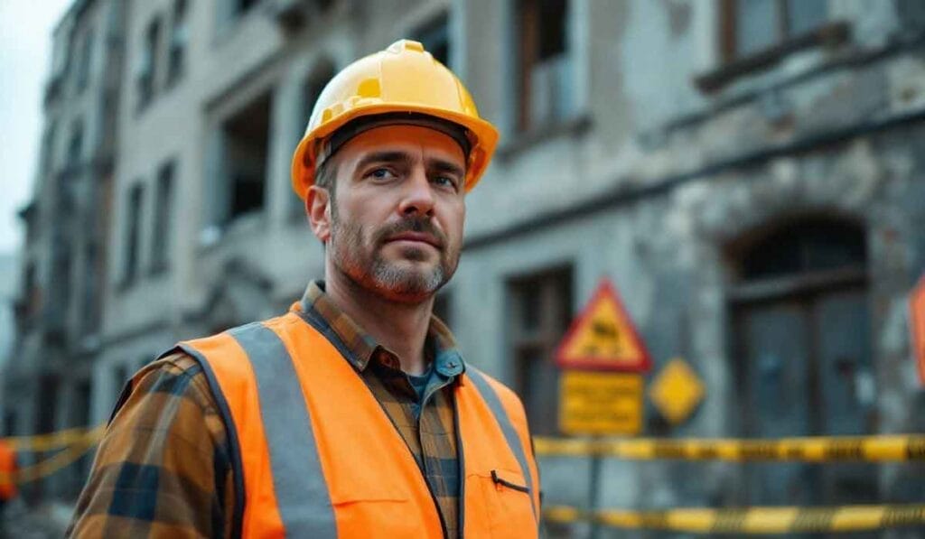 Man wearing a yellow hard hat and orange safety vest stands at a construction site with caution tape and buildings in the background.