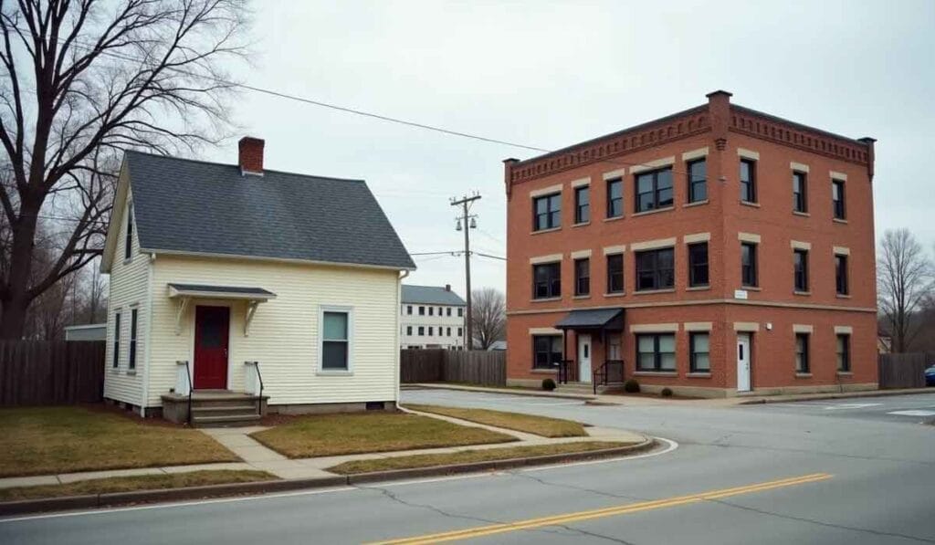 A small beige house with a red door is next to a three-story red brick building at a street corner. The sky is overcast, and leafless trees are in the background.