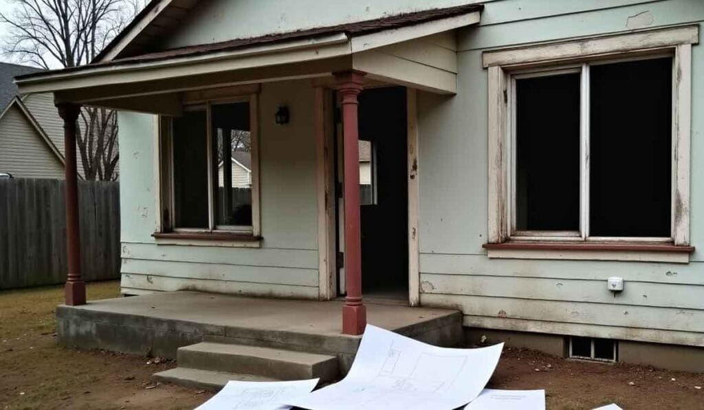 Front view of an older house with peeling paint. Blueprints are scattered on the ground near the porch steps. Two windows are visible, and the house has a small covered porch.