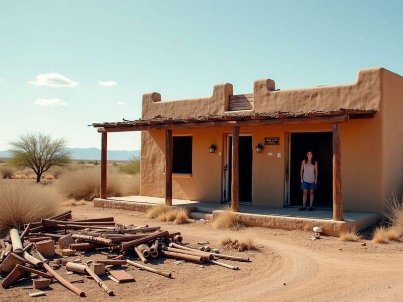 A person stands on the porch of an adobe-style house in a desert area. Dry grass and a pile of wooden debris are in the foreground. Sparse vegetation is visible under a clear blue sky.