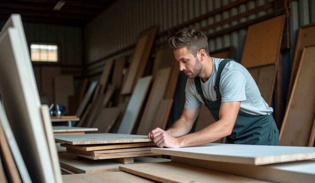 A man in overalls is concentrating while arranging wooden boards in a workshop filled with various wood pieces and panels.