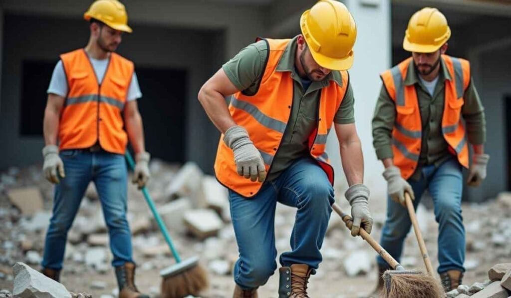 Three construction workers wearing orange vests and hard hats clean debris with brooms and gloves at a construction site.