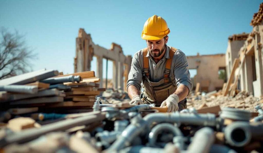 Construction worker in a yellow helmet and gloves examines pipes amid rubble of a demolished building with clear blue sky in the background.