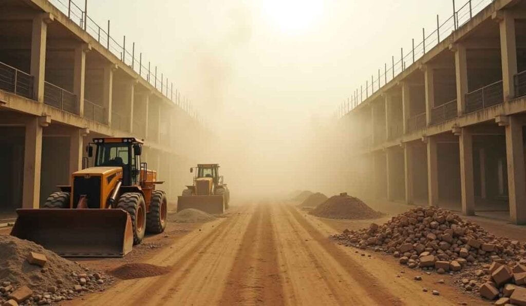 Construction site with two bulldozers on a dirt road, flanked by unfinished buildings. Piles of dirt and rubble are visible, with a hazy sky overhead.