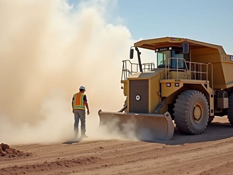 A construction worker in a safety vest and helmet stands near a large yellow construction vehicle on a dusty dirt road.