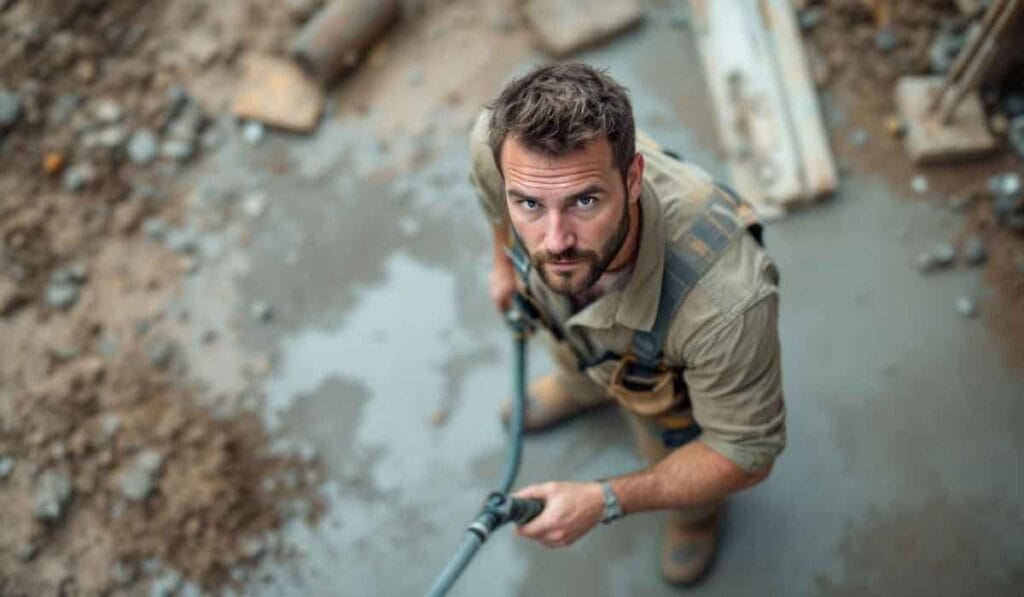 Man in work attire holding a hose, looking up towards the camera, on a muddy construction site.