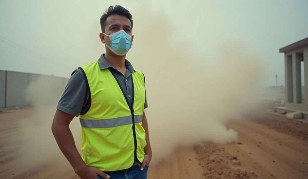 Person wearing a mask and high-visibility vest stands on a dirt road with dust in the background.