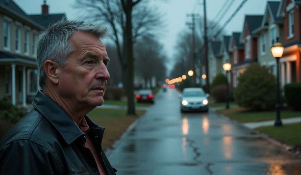 Elderly man in a leather jacket stands on a dimly lit, wet residential street with cars and houses in the background.