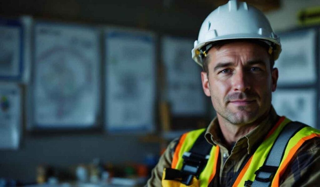 Man in a white hard hat and safety vest stands indoors, with blurred blueprints on the wall in the background.