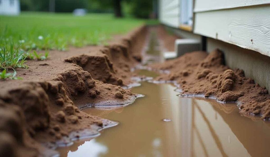 A shallow, muddy trench filled with water runs alongside a building, with grass visible on the left side.