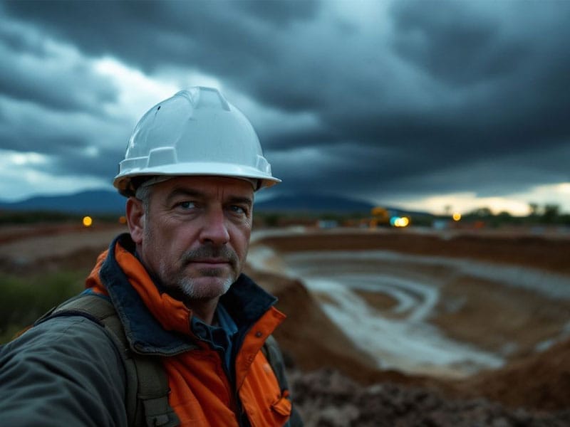 A man in a white hard hat stands at a construction site with a stormy sky in the background.