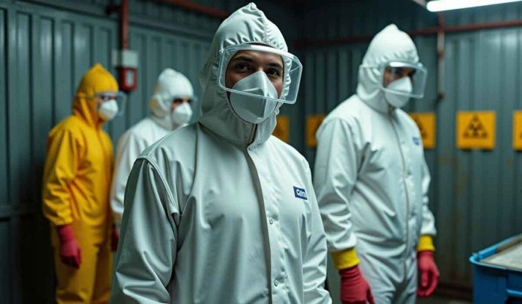 Four people in full-body protective suits and masks stand in an industrial setting, with one wearing yellow and three in white. Radiation warning signs are visible in the background.