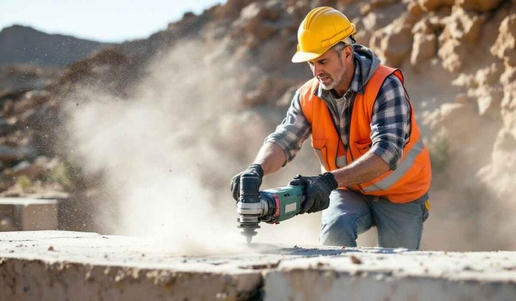 A construction worker in an orange vest and yellow helmet uses a power tool on a concrete surface, creating dust.