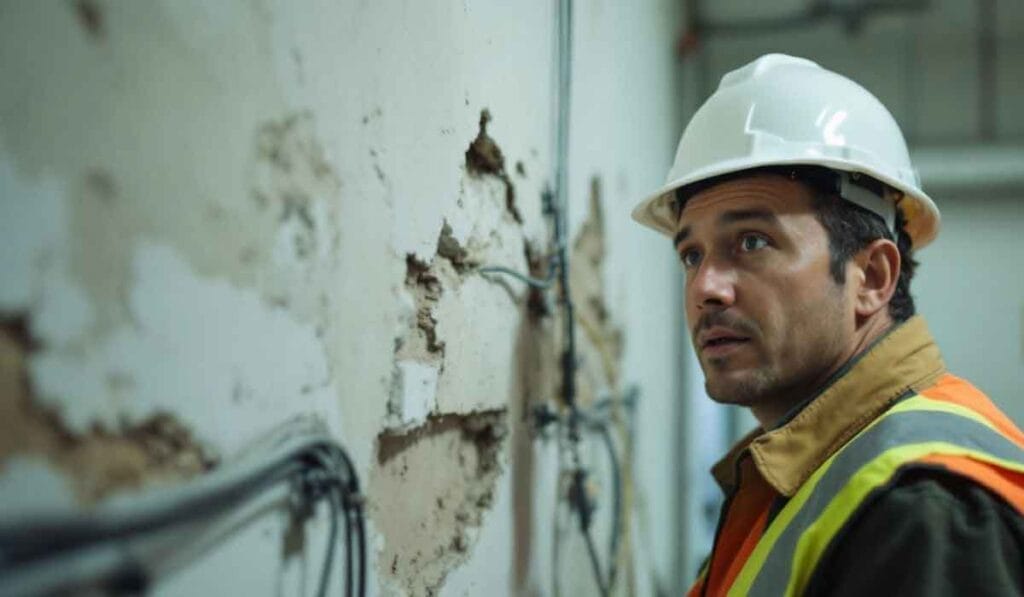 A construction worker in a hard hat and safety vest examines a damaged wall with exposed cables.