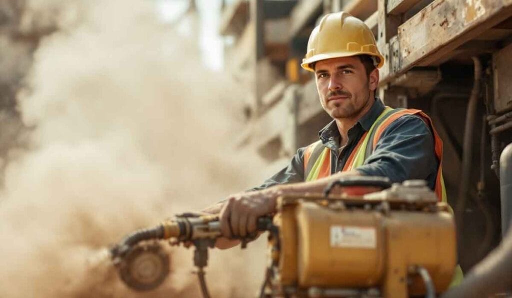 Construction worker operating heavy machinery in a dusty environment, wearing a yellow hard hat and safety vest.