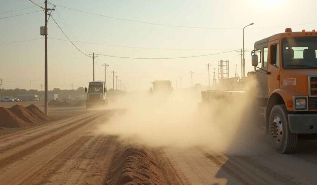 Dusty road with construction vehicles and utility poles on a sunny day.