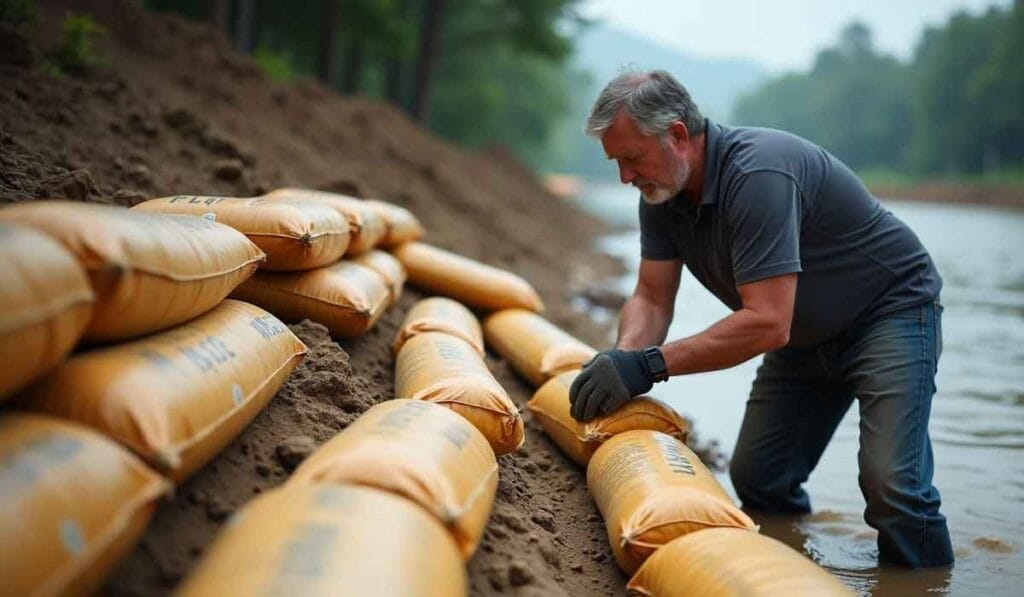 Man placing sandbags along a riverbank, wearing gloves and a gray shirt, with piles of sandbags nearby and a forested area in the background.