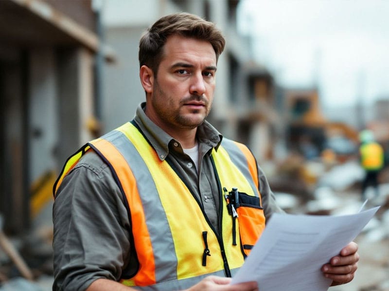 A man wearing an orange safety vest holds papers while standing on a construction site.