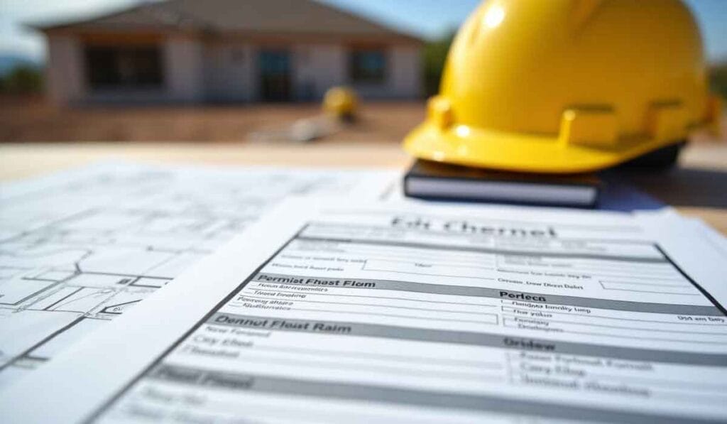 Close-up of construction blueprints and forms on a table, with a yellow hard hat and a blurred building in the background.