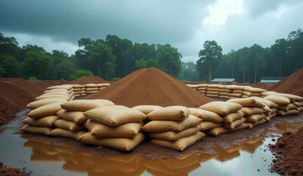 Sandbags are stacked in a circular formation around a mound of dirt, surrounded by puddles, with trees and a cloudy sky in the background.