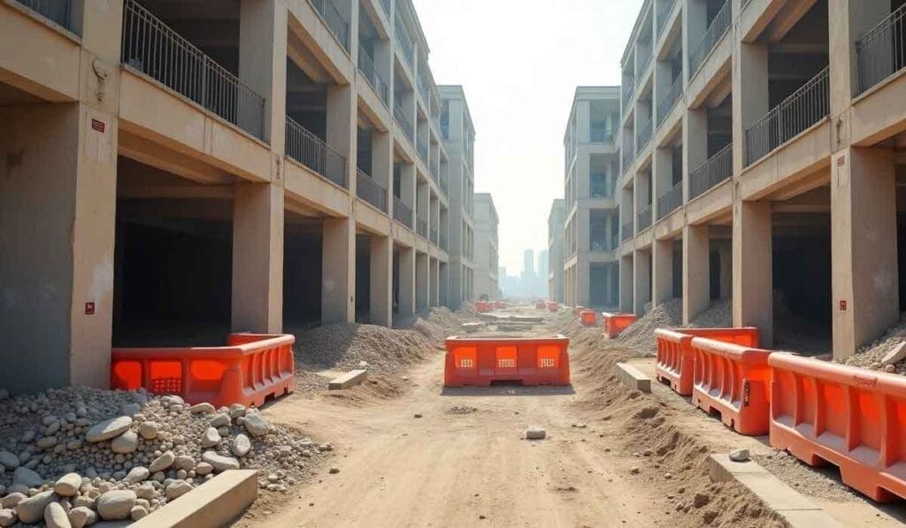 A construction site featuring two rows of unfinished buildings with orange barriers. The ground is unpaved and covered with dirt and rocks. City skyline visible in the background.