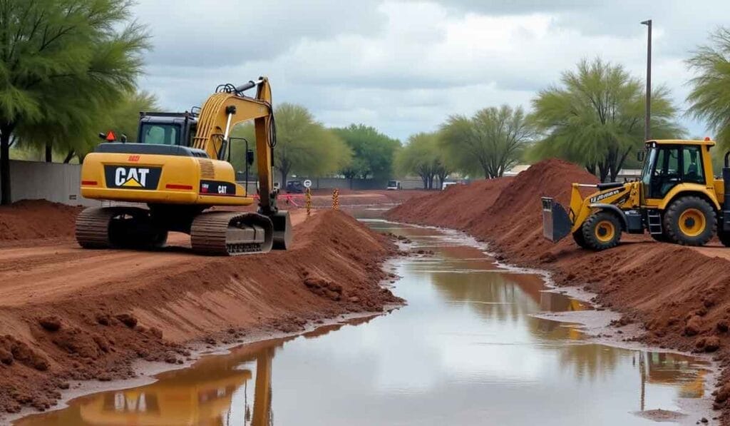 Construction site with excavators and bulldozers working near a water-filled trench. Piles of dirt line the area, with trees and cloudy skies in the background.