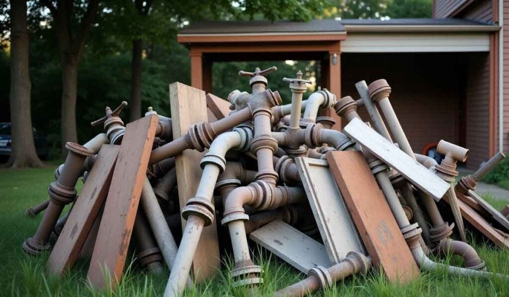 A pile of rusty water pipes and wooden boards stacked on grass near a building with trees in the background.