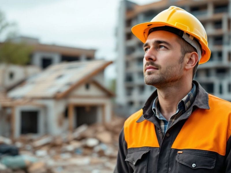 A construction worker in an orange and black jacket and yellow hard hat looks up, with blurred buildings under construction in the background.