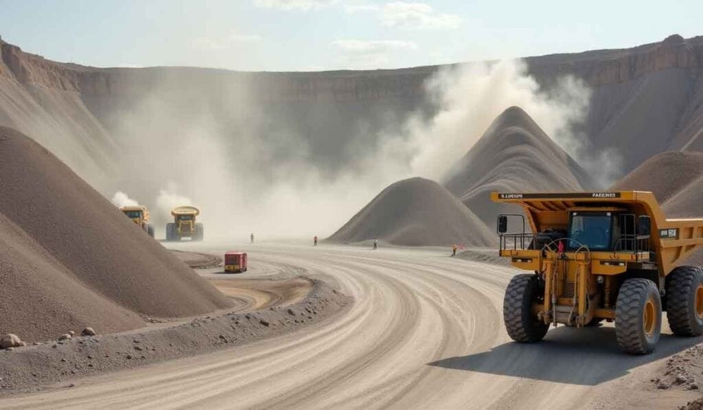 Several large dump trucks operate in a dusty open-pit mine, surrounded by mounds of earth and distant workers.