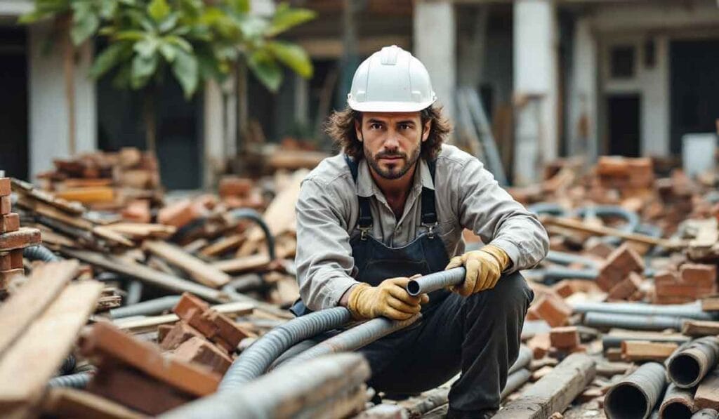 A construction worker in a white helmet and gloves handles a tube amidst scattered bricks and debris outdoors.