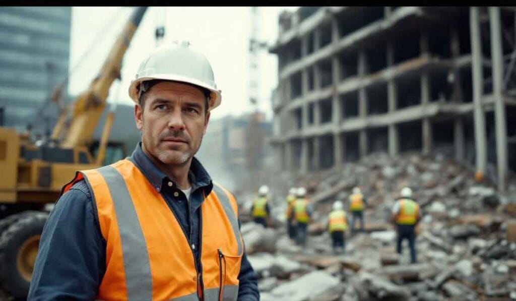 Construction worker in a hard hat and orange vest stands in front of a partially demolished building with debris and workers in the background.